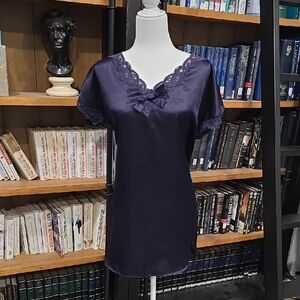 Victoria's Secret Navy Blue Satin Chemise with Lace, Size Small, Petite
